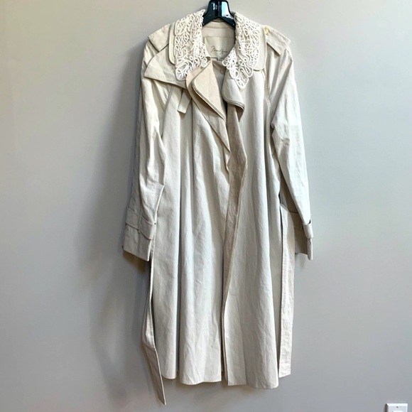 BCBGMAXAZRIA Cotton Linen Trench Coat Lace Collar Size M Beige Coquette - Picture 2 of 5